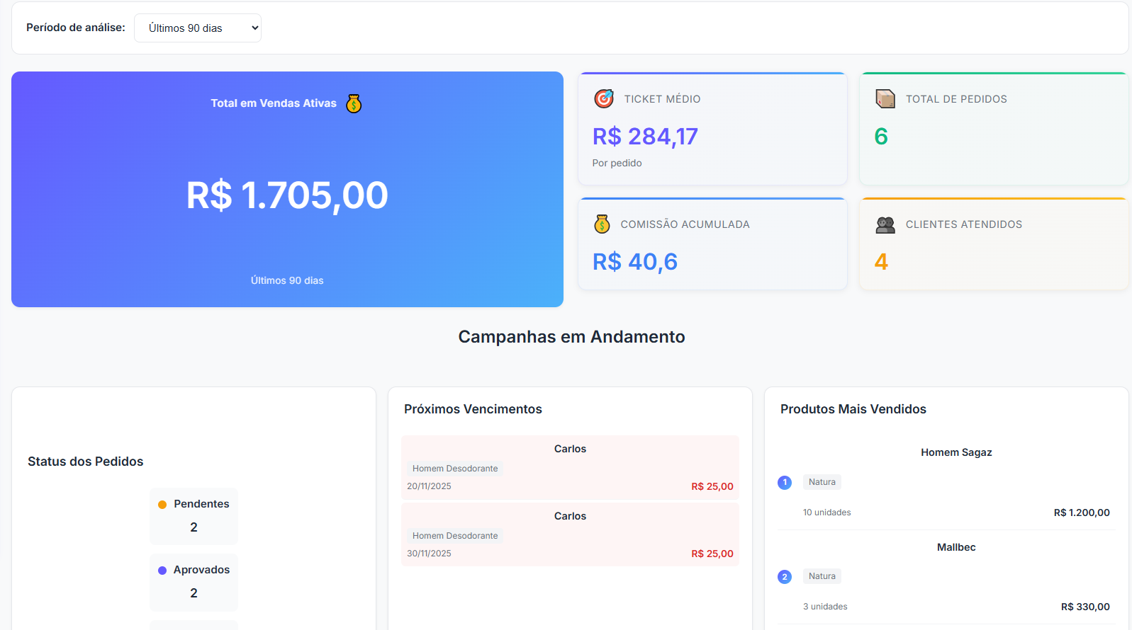 Dashboard do sistema Sua Representante